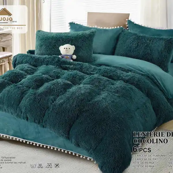 Preț mic Lenjerie cocolino super pufoasa, pat 2 persoane, verde inchis, 6 piese, LLJ-13