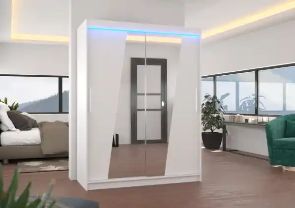 Dulap cu usi glisante si oglinda + iluminare LED, Bolton 150 + LED, 150 cmx200 cmx58 cm, ADRK Furniture Alb Ofertă de sezon
