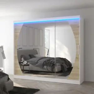 Nu rata Dulap cu usi glisante si oglinda + iluminare LED, Cambe 250 + LED, 250 cmx200 cmx58 cm, ADRK Furniture Alb
