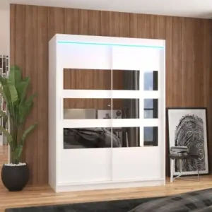 Dulap cu usi glisante si oglinda + iluminare LED, Florento 150 + LED, 150 cmx200 cmx58 cm, ADRK Furniture Alb Ofertă de sezon