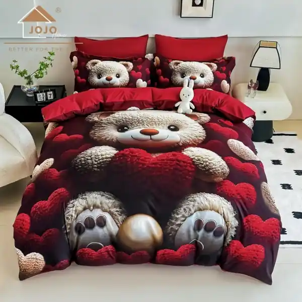 ❤️ Lenjerie de Pat 6 Piese Roșie | Ursuleț & Inimioare | Imprimeu Digital 5D | Finet Catifelat | Jojo Home Retur gratuit