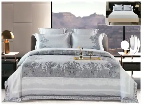 Chilipir Lenjerie pat satin digital floral elegant | Gri argintiu | 6 piese | 2 persoane | Cu elastic