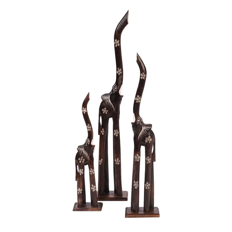 Reducere Set 3 figurine elefanti maro din lemn de albasia