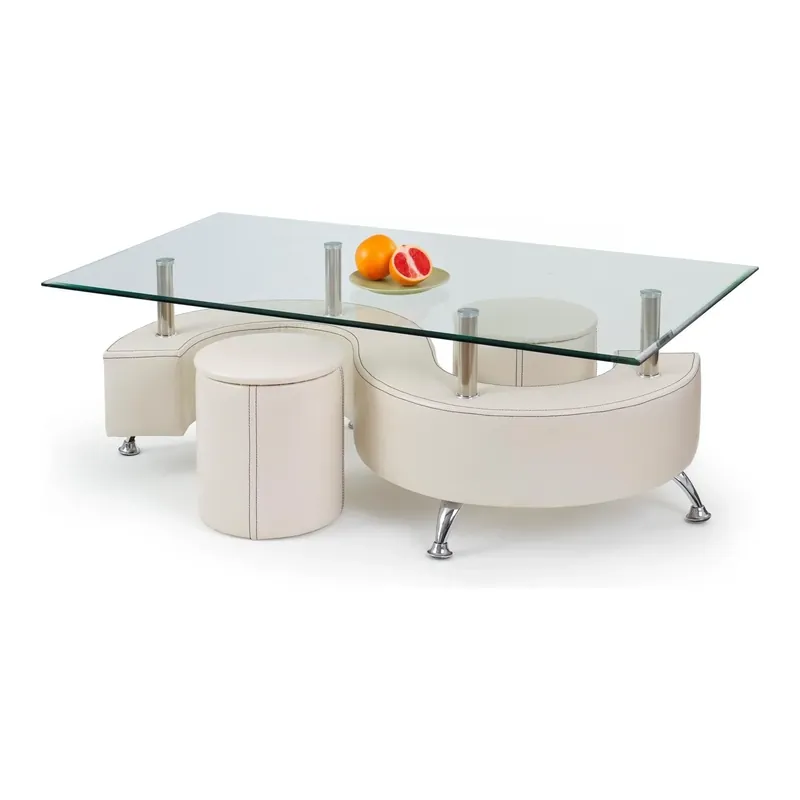 Preț mic Set masuta cu 2 taburete NINA 3, alb, sticla/otel, 130x70x55 cm