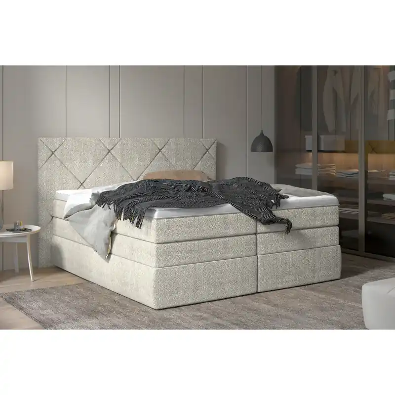 Pat boxspring LUNGO 180x200, personalizabil materiale Gama Premium, 2 lazi depozitare, cu saltele si topper Cel mai vândut