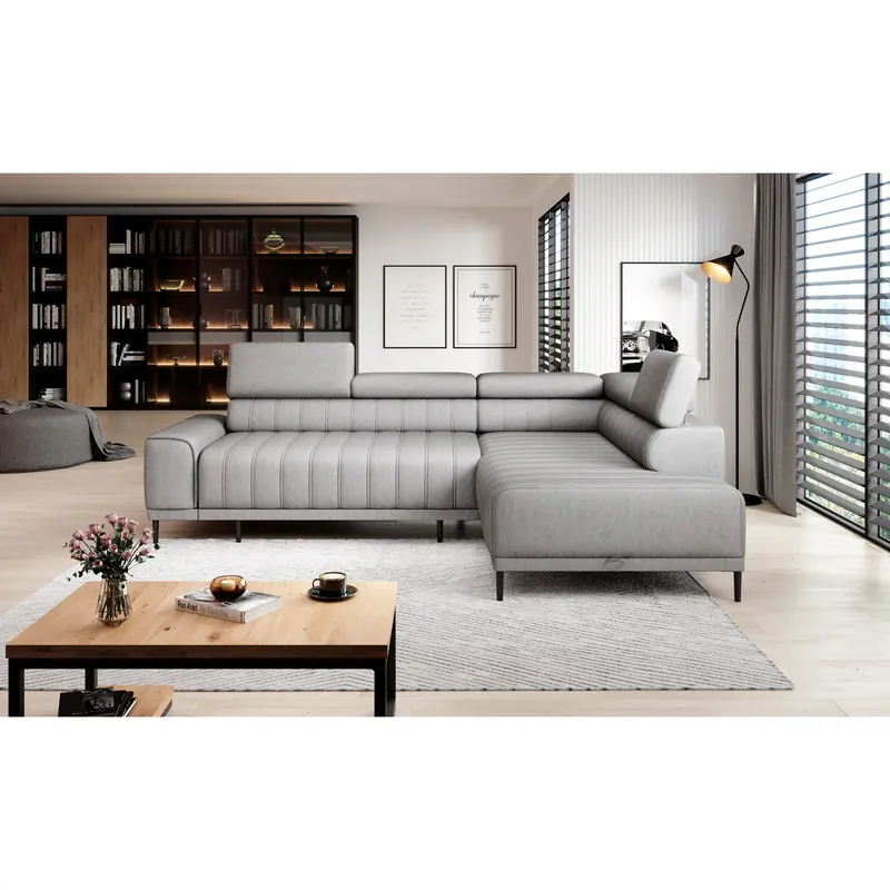 Reducere extra Coltar extensibil CALDO L, sezlong dreapta, stofa catifelata verde menta - Salvador 12, cu lada depozitare si tetiere reglabile, 268x200x99 cm