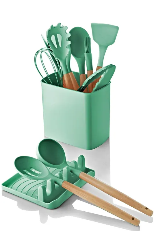 Reducere extra Set 11 ustensile cu suport si cutie C-SLC1301, verde/stejar, plastic/lemn