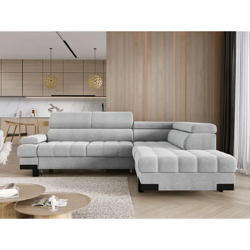 Noutate Coltar extensibil SELVA L, personalizabil materiale gama Oferta Avantaj, cu lada depozitare si tetiere reglabile, 263x223x95 cm