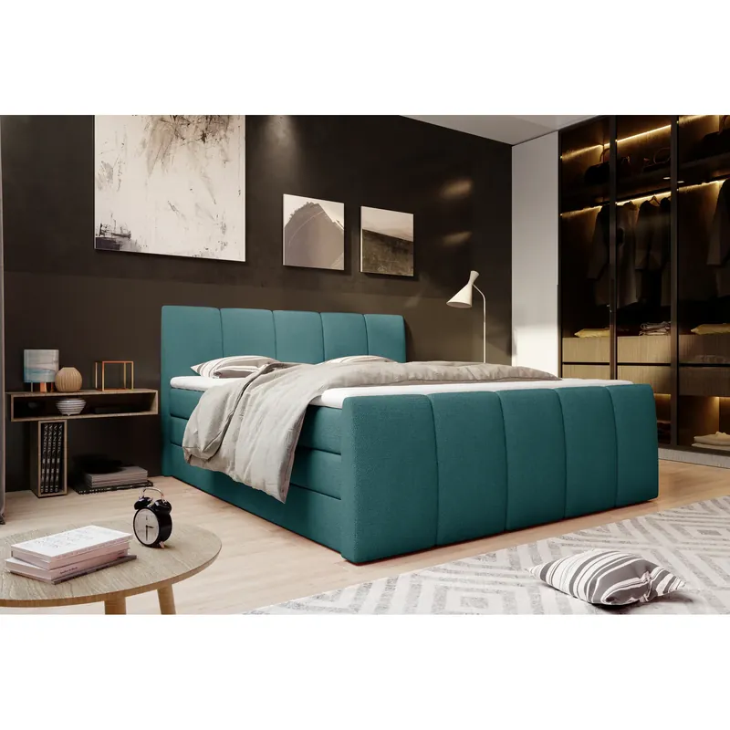 Mai ieftin Pat boxspring FRESCO 160x200, personalizabil materiale gama Oferta Avantaj, cu saltele, topper si 2 lazi pentru depozitare
