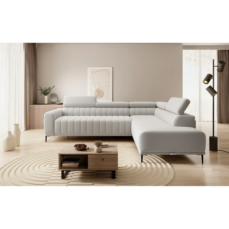 Nu rata Coltar extensibil GANDI 160, sezlong dreapta, stofa catifelata gri - Salvador 14, Gama Premium, cu lada depozitare, 301x204x99 cm