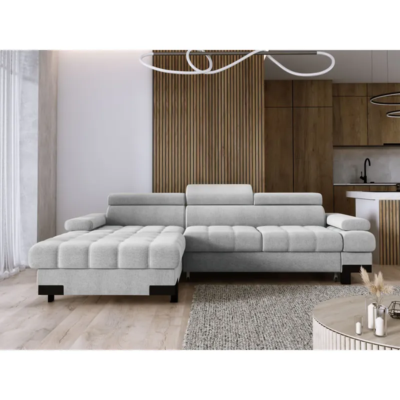 Noutate Coltar extensibil SELVA MINI, sezlong stanga, stofa catifelata maro - Salvador 3, Gama Premium, cu lada depozitare si tetiere reglabile, 270x173x95 cm