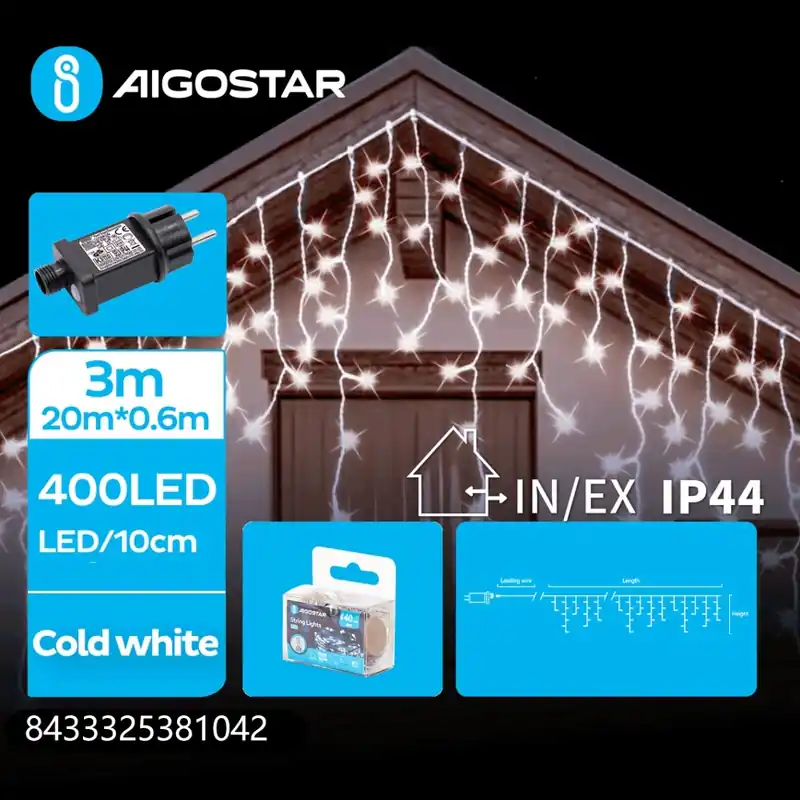 Aigostar - Instalație luminoasă LED pentru exterior, 400 LED/8 funcții, 23x0,6 m, IP44, alb rece Doar azi