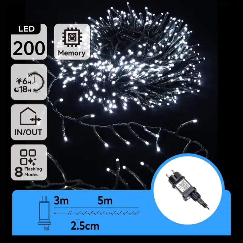 Aigostar - Ghirlandă LED pentru exterior, de Crăciun, 200 LED, 8 funcții, 8 m, IP44, alb rece Ofertă limitată