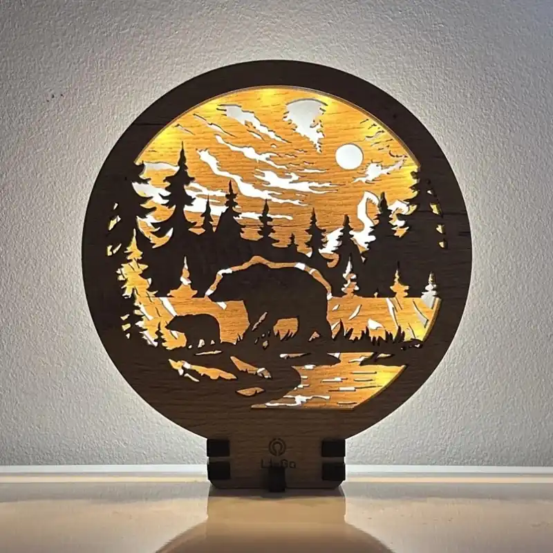 Reducere de preț Li-Go 23595/DUB2 - Decorațiune de masă LED reglabilă LED/12W/230V 20x22 cm stejar/ursuleți