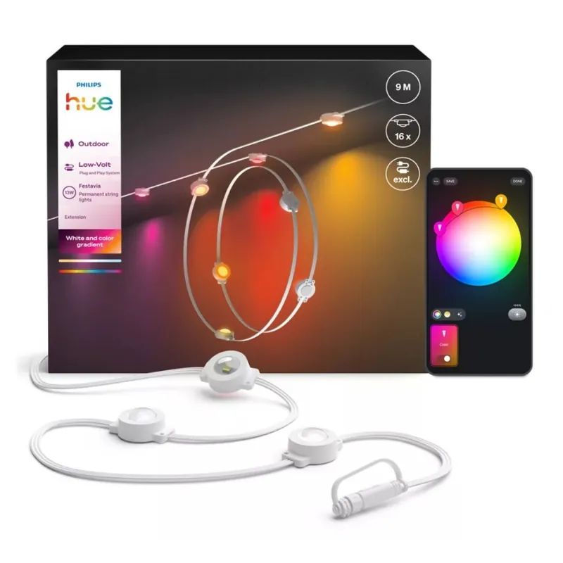 Philips - Hue FESTAVIA, ghirlandă luminoasă LED RGBW pentru exterior, extensibilă și reglabilă, 16 x LED, 9 m, 1000–20000 K, IP65 Expediere rapidă