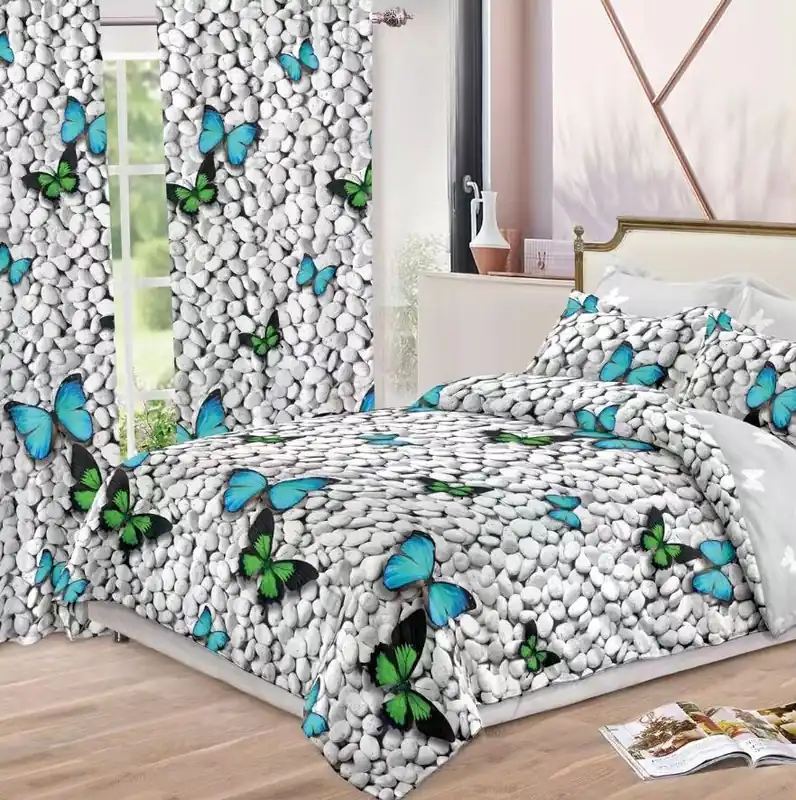 Lenjerie de pat bumbac finet cu elastic – 6 piese + 2 Draperii | 13918-C Preferatul clienților