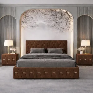 Plată sigură Pat tapitat Nova 160×200 cm, Maro + Saltea Superortopedica Gold, grosime 20 cm + Set 2 noptiere Nova, Maro