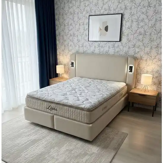 Pat tapițat cu Saltea Gratis, Laura 160x200 cm Bej cu somieră rabatabilă, ladă depozitare Preț promoțional