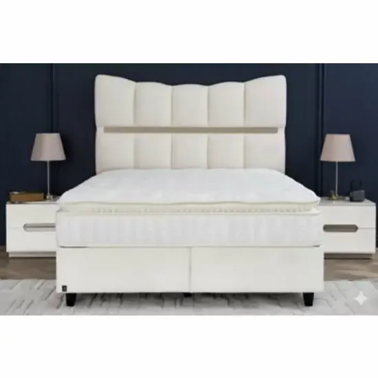 Pat Tapițat + Saltea Gratis Extra Comfort, bej MK-2713- 140x200 cm, somieră rabatabilă, spațiu depozitare Chilipir
