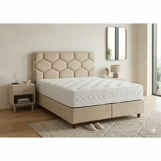 Pat Tapițat + Saltea gratis, Wool & Cotton, bej - 180/200 cm, boxspring cu depozitare Preferatul clienților
