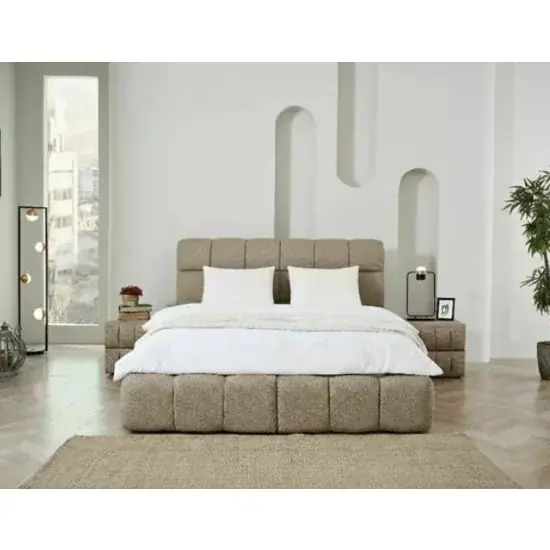 Pat +Saltea gratis Bubblebed, bej - 180/200 cm , cu somiera rabatabila, lada de depozitare si tesatura premium Reducere de preț