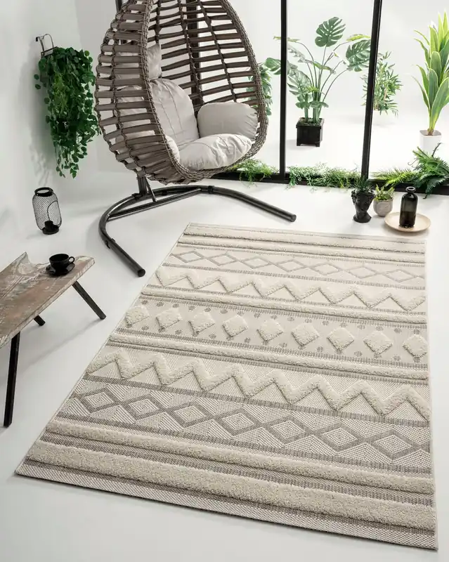 Covor Kayra cu model 3D în stil boho scandi crem, 160x230 cm Chilipir